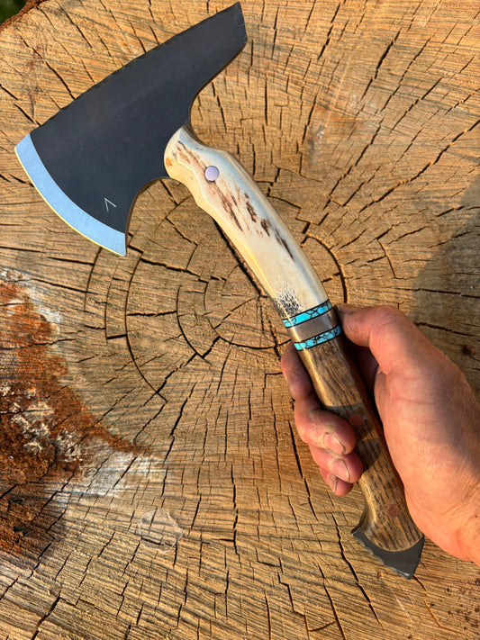 Kaizen Hawk, 80CrV2 Parkerized w/polished edge, Roosevelt Elk Antler, Bakers Forge Damascus, Koenig Distillery Whiskey Oak