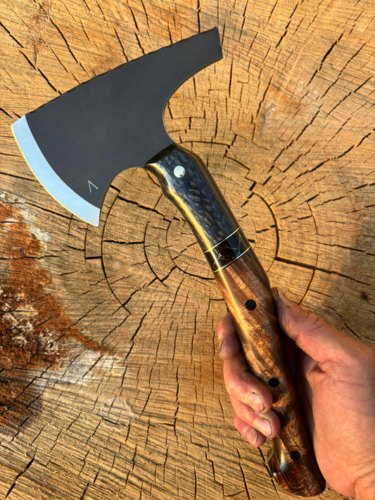 Kaizen Hawk, 80CrV2 Parkerized w/polished edge, FatCarbon, Hawaiian Koa, Truestone, Brass