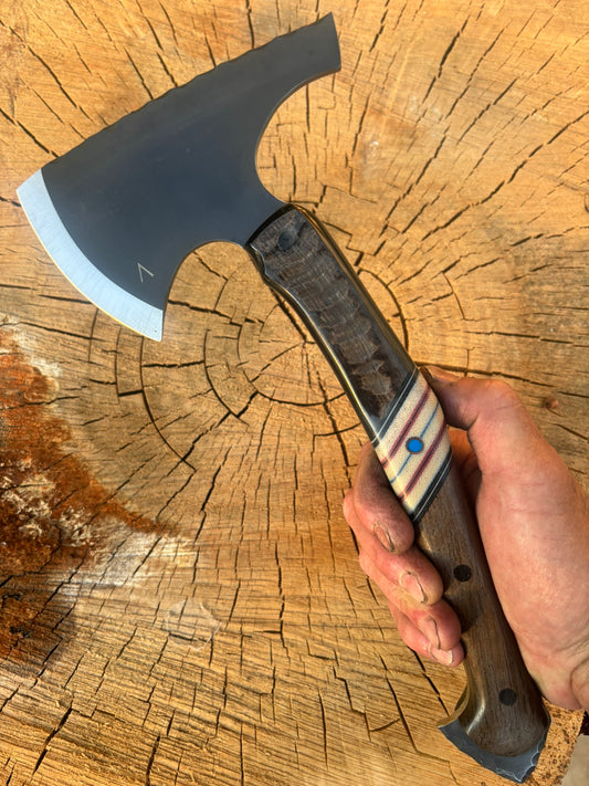 Kaizen Hawk, 80CrV2 Parkerized w/polished edge, Aoudad, G-Carta, Ancient Bog Oak with exposed fighting butt.